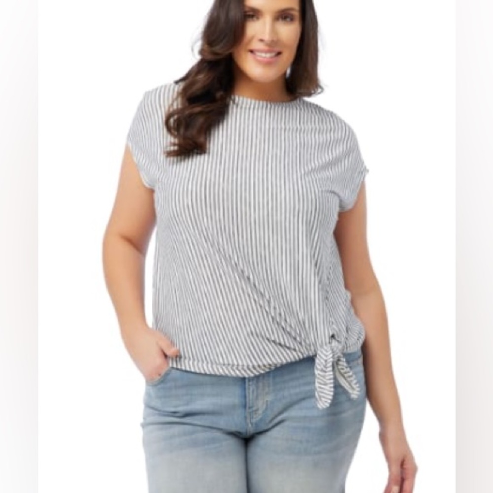 Max Studio Asymmetrical Top in Ivory/Indigo Dainty Stripe 1X (14W-16W)